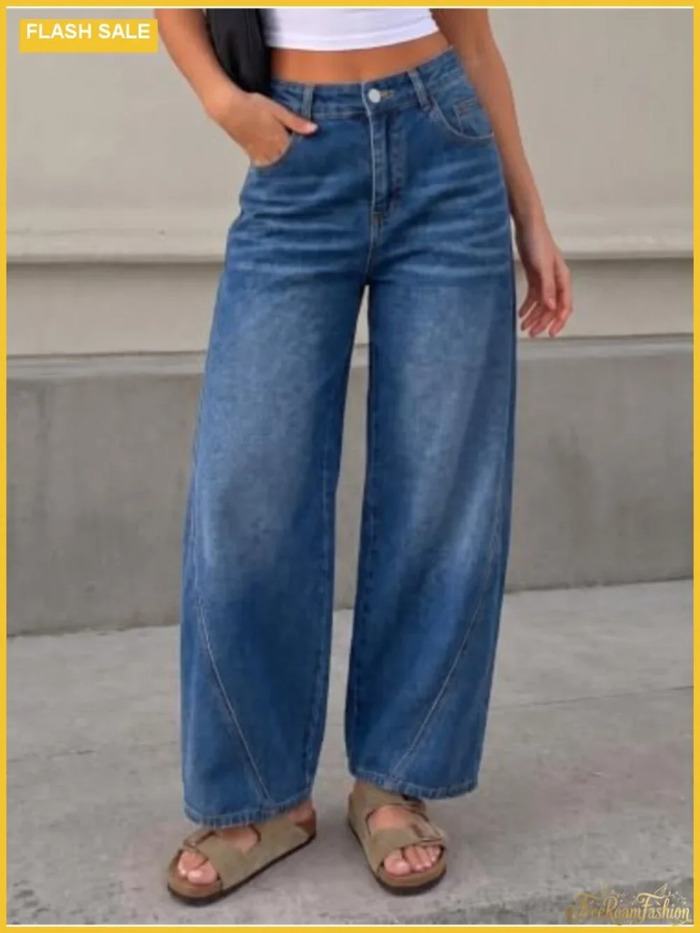 Womens Wide Leg Baggy Cropped Jeans High Waist Stretch Denim Pants